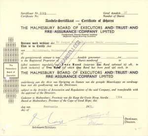 Malmesbury Board of Executors and Trust and Fire Assurance Company, Limited - 1971 dated Stock Certificate