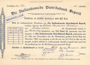 Die Stellenbossche Distriksbank Beperk - 1954 dated Stock Certificate