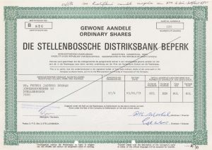 Die Stellenbossche Distriksbank Beperk - 1979 dated Stock Certificate
