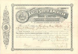 Anglo-South American Bank Limited - 1922 dated Stock Certificate