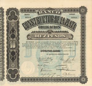 Banco Constructor De La Plata - 1888 dated Stock Certificate