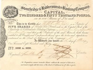 Stourbridge and Kiddermunster Banking Co. - 1836 dated Stock Certificate