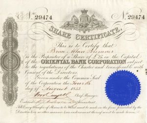 Oriental Bank Corp. - 1853 dated Stock Certificate