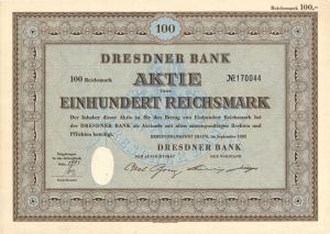 Dresdner Bank - 1952 dated Stock Certificate