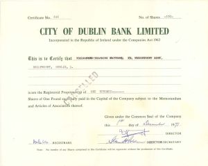 City of Dublin Bank Limited - 1971 dated Stock Certificate