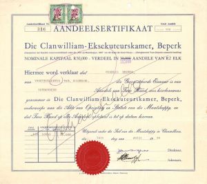 Die Clanwilliam-Eksekuteurskamer, Beperk - 1961 dated Stock Certificate