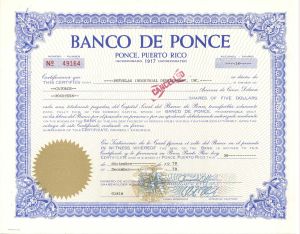Banco De Ponce - 1979 dated Stock Certificate