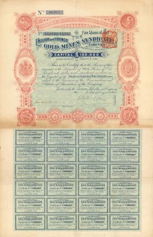 English and French Gold Mines Syndicate, Ltd. - 1895 dated Stock Foreign Certificate
