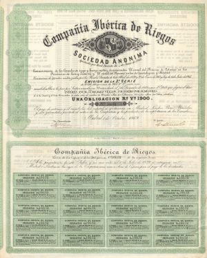 Compania Iberira de Riegos  - 1869 dated Foreign Stock Certificate