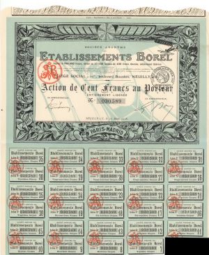 Societe Anonyme Des Etablissements Borel - 1918 dated Stock Certificate