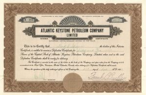 Atlantic Keystone Petroleum Company Limited -  1930 dated Stock Certificate