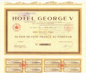 Hotel George V -  1959 dated Foreign Hotel Stock Certificate