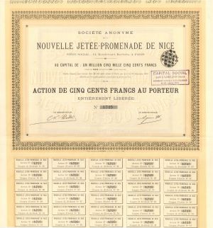 Nouvelle Jetee-Promenade De Nice - 1888 dated Foreign Stock Certificate