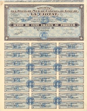 Societe Des Bains De Mer, Du Casino and Du Golf De La Ciotat - 1928 dated Foreign Stock Certificate