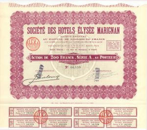 Societe Des Hotels Elysee Marignan - 1929 dated Foreign Hotel Stock Certificate