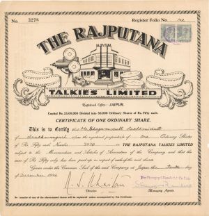 Rajputana - 1946 dated Foreign Stock Certificate