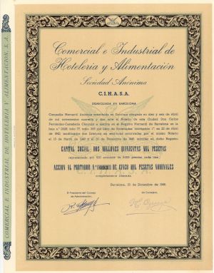 Comercial e Industrial de Hoteleria y Alimentacion - 1946 dated Foreign Hotel Stock Certificate