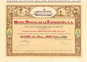 Hotel Oficial De La Exposicion, S.A. - 1929 dated Foreign Hotel Stock Certificate