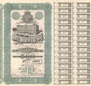 Hotel Principe De Asturias Malaga - 1921 dated Foreign Hotel Stock Certificate