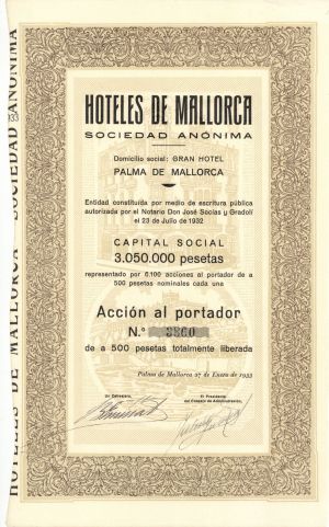 Hotels De Mallorca Sociedad Anonima - 1933 dated Foreign Hotel Stock Certificate