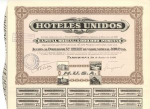 Hoteles Unidos - 1930 dated Foreign Hotel Stock Certificate