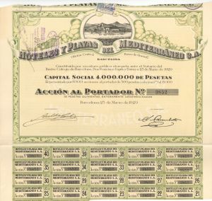 Hoteles Y Playas Del Mediterraneo S.A. - 1929 dated Foreign Hotel Stock Certificate