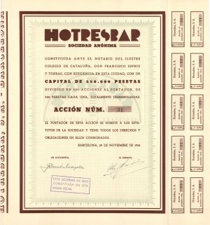 Hotresbar Sociedad Anonima - 1934 dated Foreign Hotel Stock Certificate