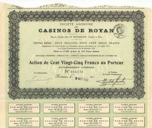 Societe Anonyme Des Casinos De Royan -  1932 dated Foreign Hotel Stock Certificate