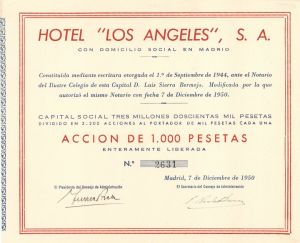 Hotel "Los Angeles", S.A. - 1950 dated Foreign Hotel Stock Certificate