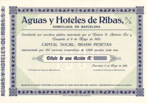 Aguas u Hoteles de Ribas, S.A. - 1925 dated Foreign Hotel Stock Certificate