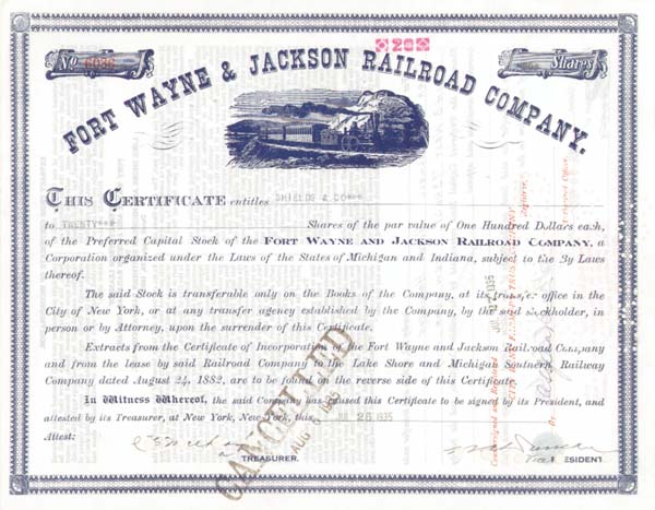 Fort Wayne and Jackson Railroad - Stock Certificate