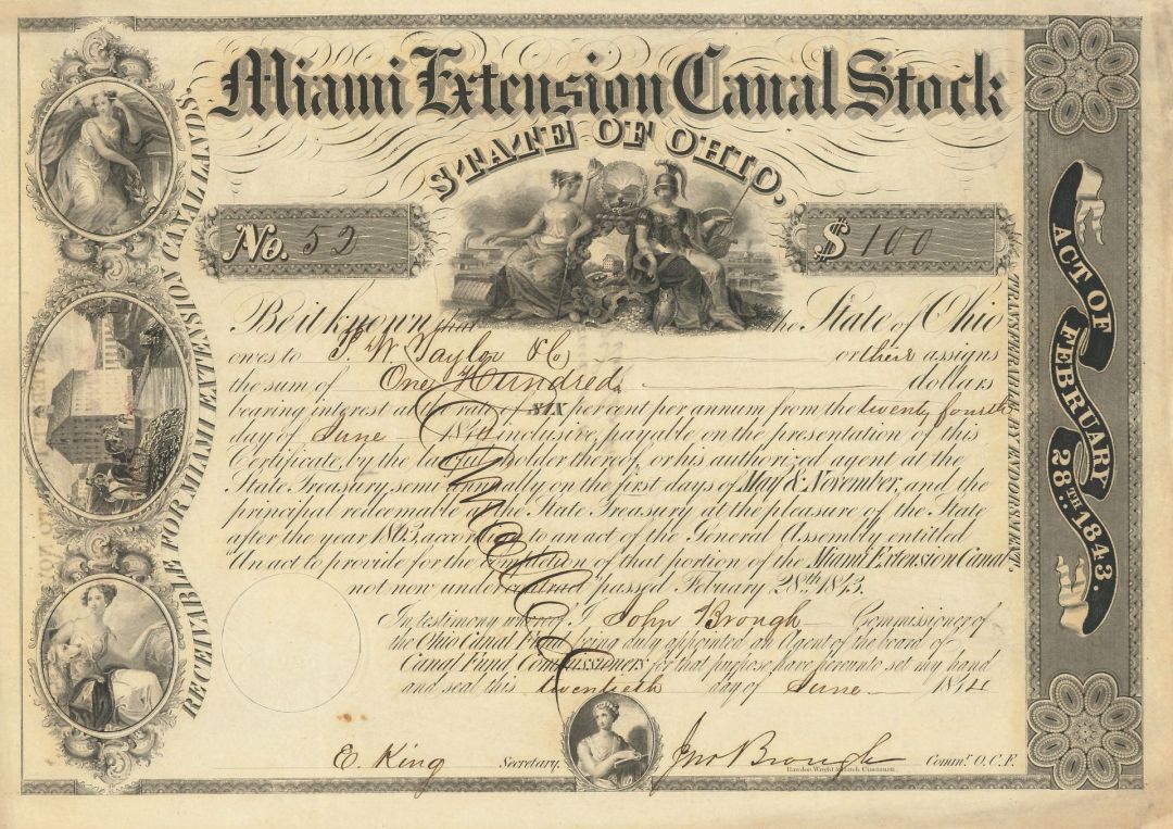 Miami Extension Canal Stock - State of Ohio - 1840's dated Bond