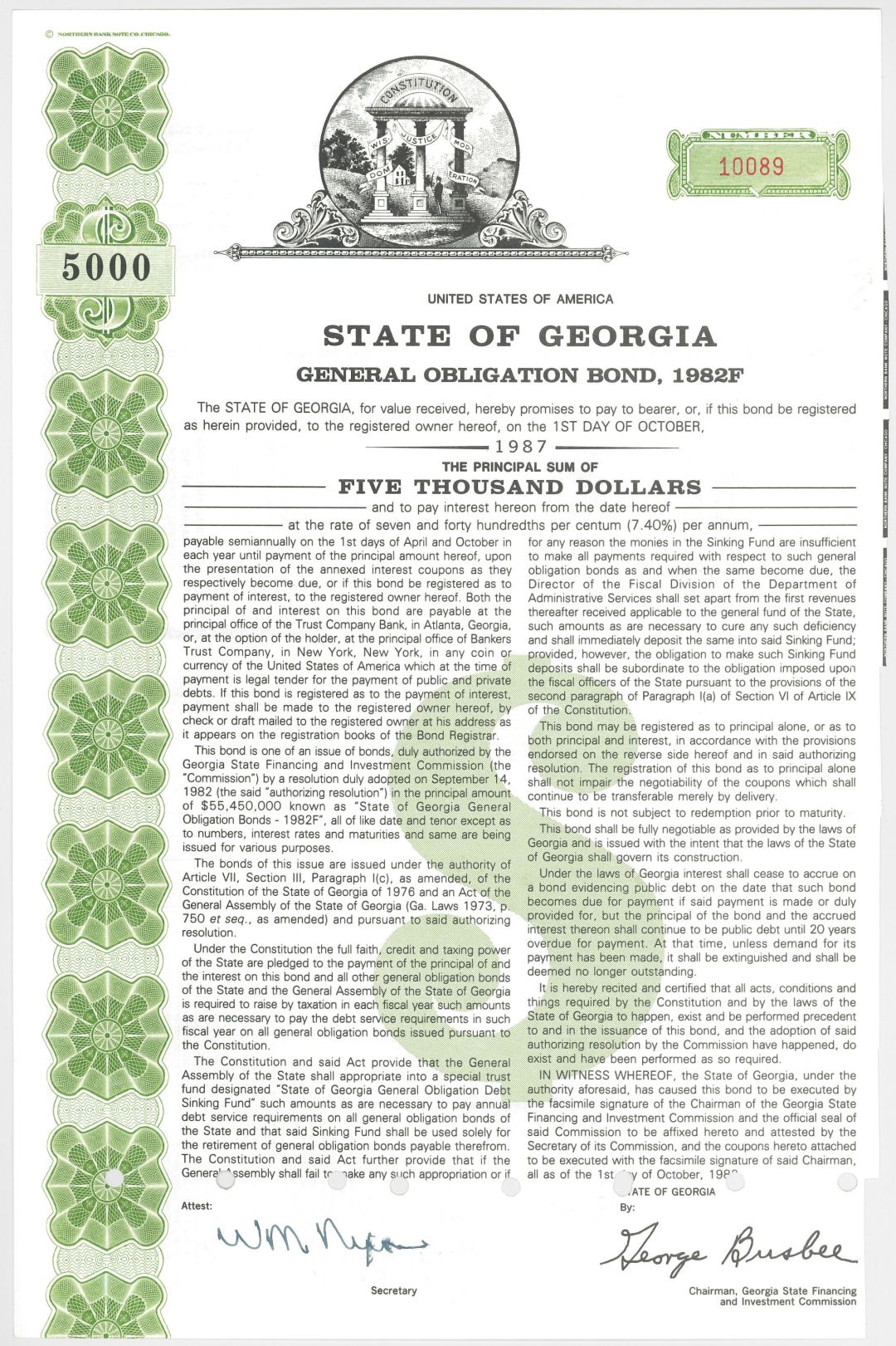 State of Georgia - 1982 dated $5,000 Municipal Bond - State Seal as Vignette