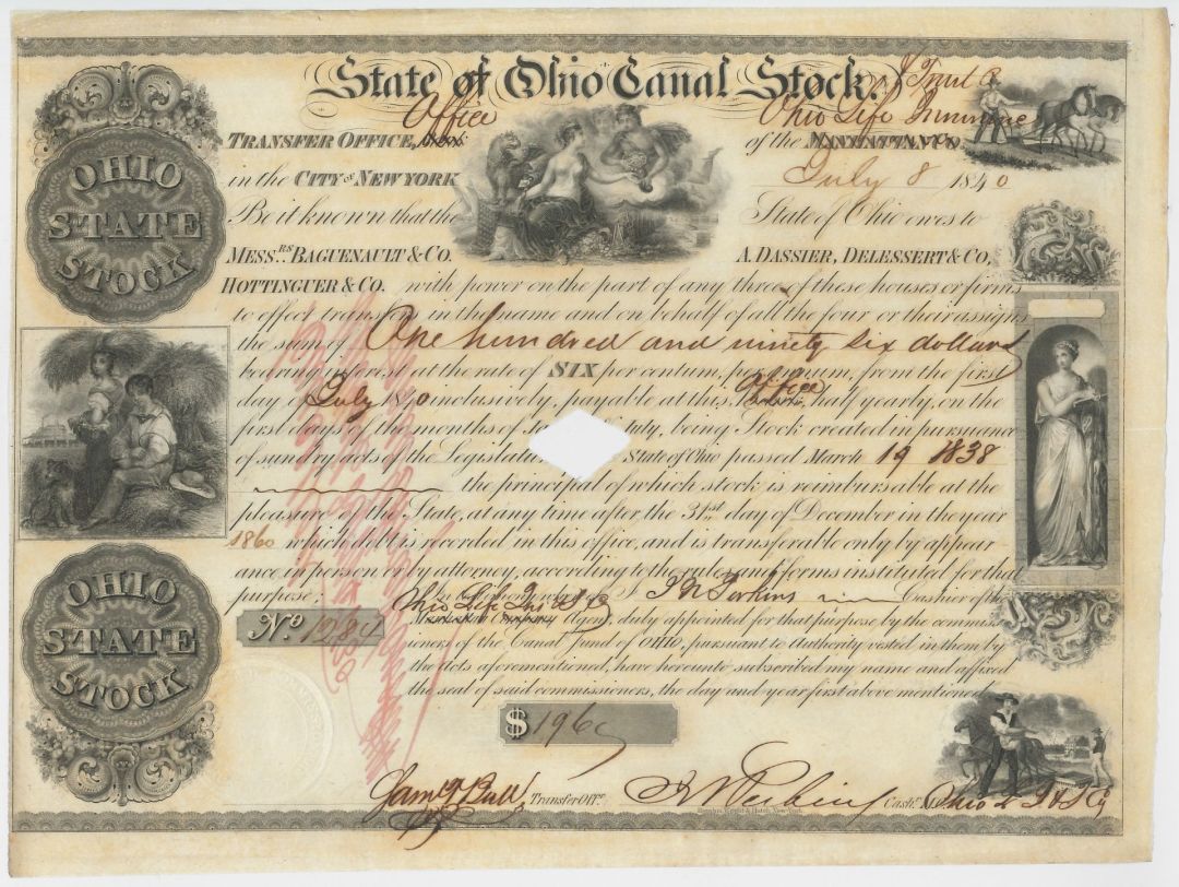 1840's dated State of Ohio Canal Stock and Trust Co. - 1840's dated Bond - Mentions Ohio Life Insurance Company