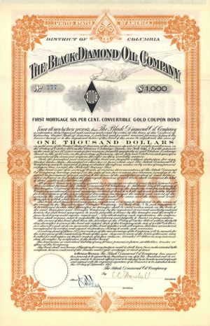 Black Diamond Oil Co. - 1917 dated $1,000 District of Columbia Oil Gold Bond (Uncanceled)
