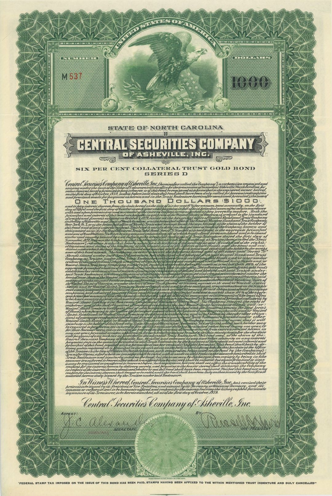 Central Securities Co. of Asheville, Inc. - 1929 dated $1,000 6% Gold Bond (Uncanceled)