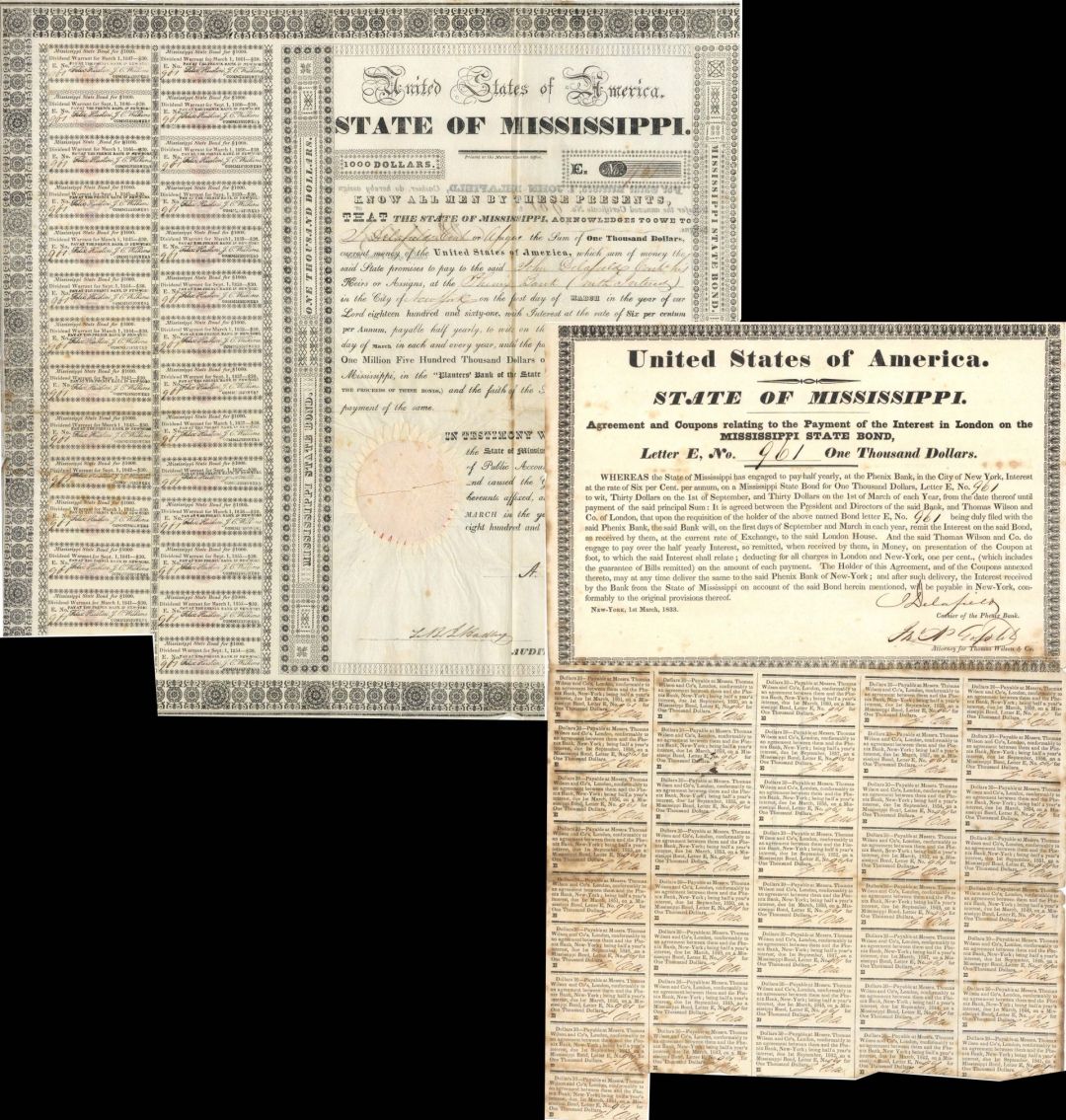 State of Mississippi - 1833 dated $1,000 Bond (Uncanceled)