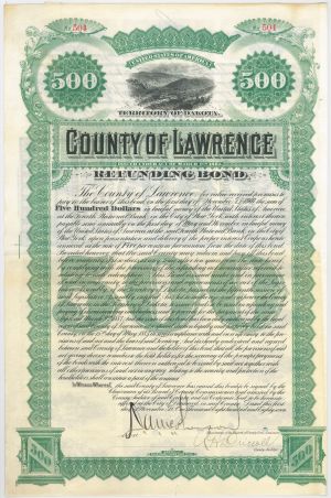 County of Lawrence - 1887 dated Dakota Territory Bond - Now Lawrence County, South Dakota