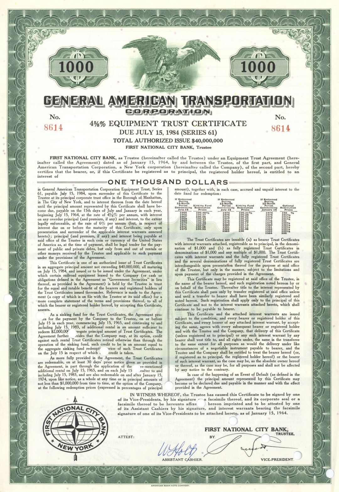 General American Transportation Corporation - 1964 dated Automotive, Aircraft and Railroad Bond