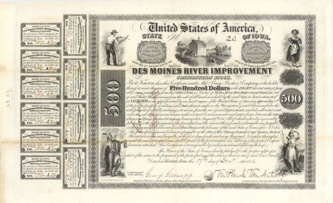 State of Iowa, Des Moines River Improvement  - 1851 dated $500 Bond