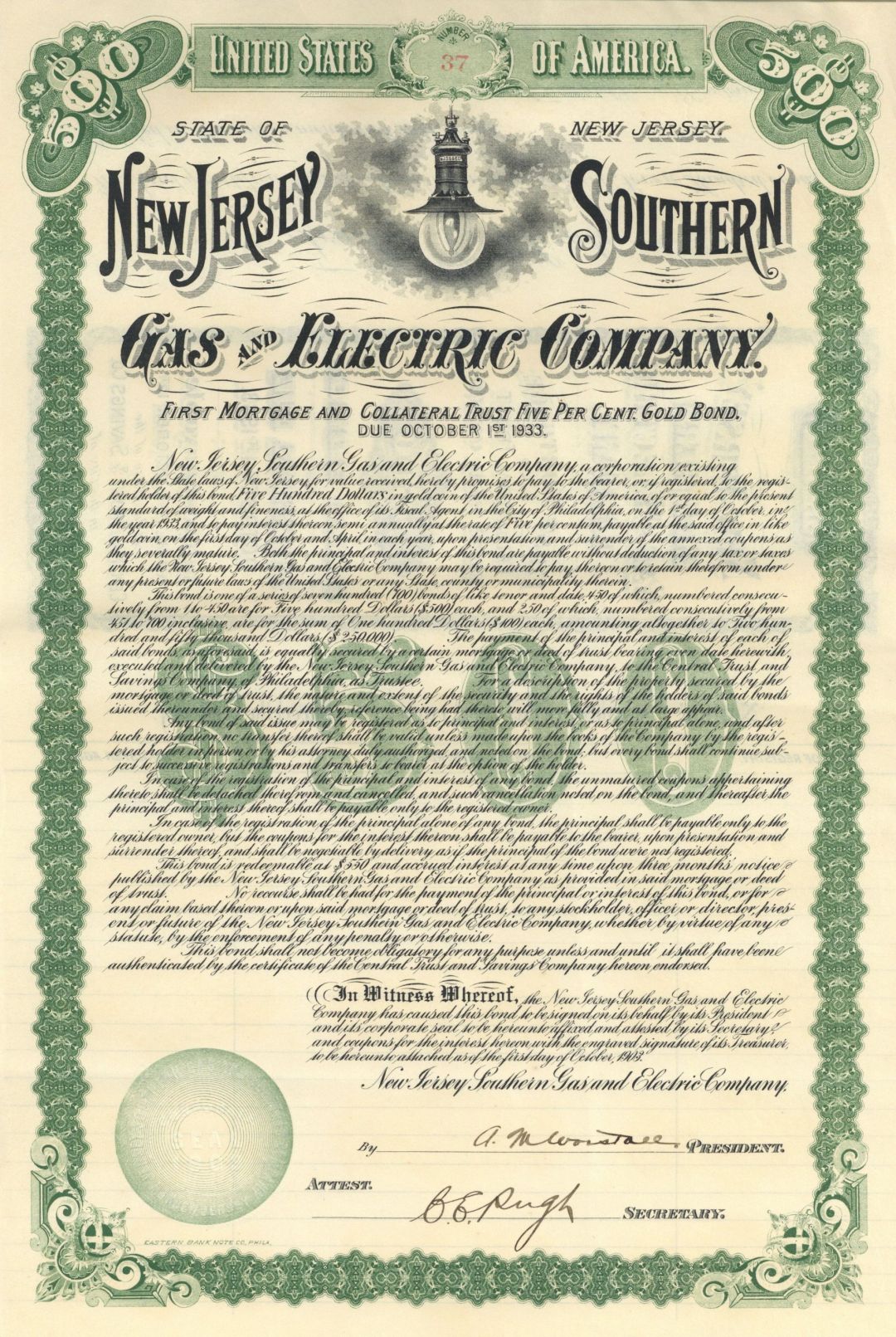 New Jersey Southern Gas and Electric Co. - 1903 dated Utility Bond (Uncanceled)