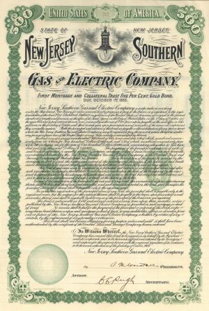 New Jersey Southern Gas and Electric Co. - 1903 dated Utility Bond (Uncanceled)