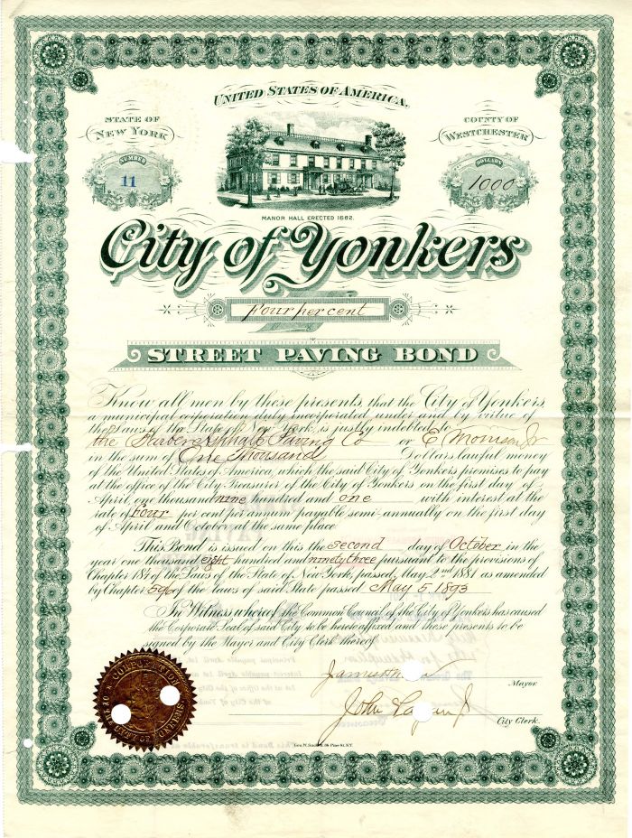 City of Yonkers - 1893 dated $1,000 New York Bond