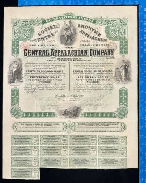 Central Appalachian Co. - 1892 dated Kentucky Stock Certificate - Societe Anonyme du Centre des Appalaches