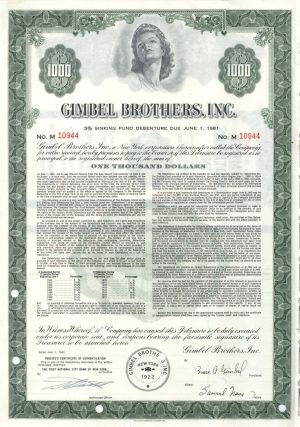 Gimbel Brothers, Inc. - $1,000 1961 dated Bond