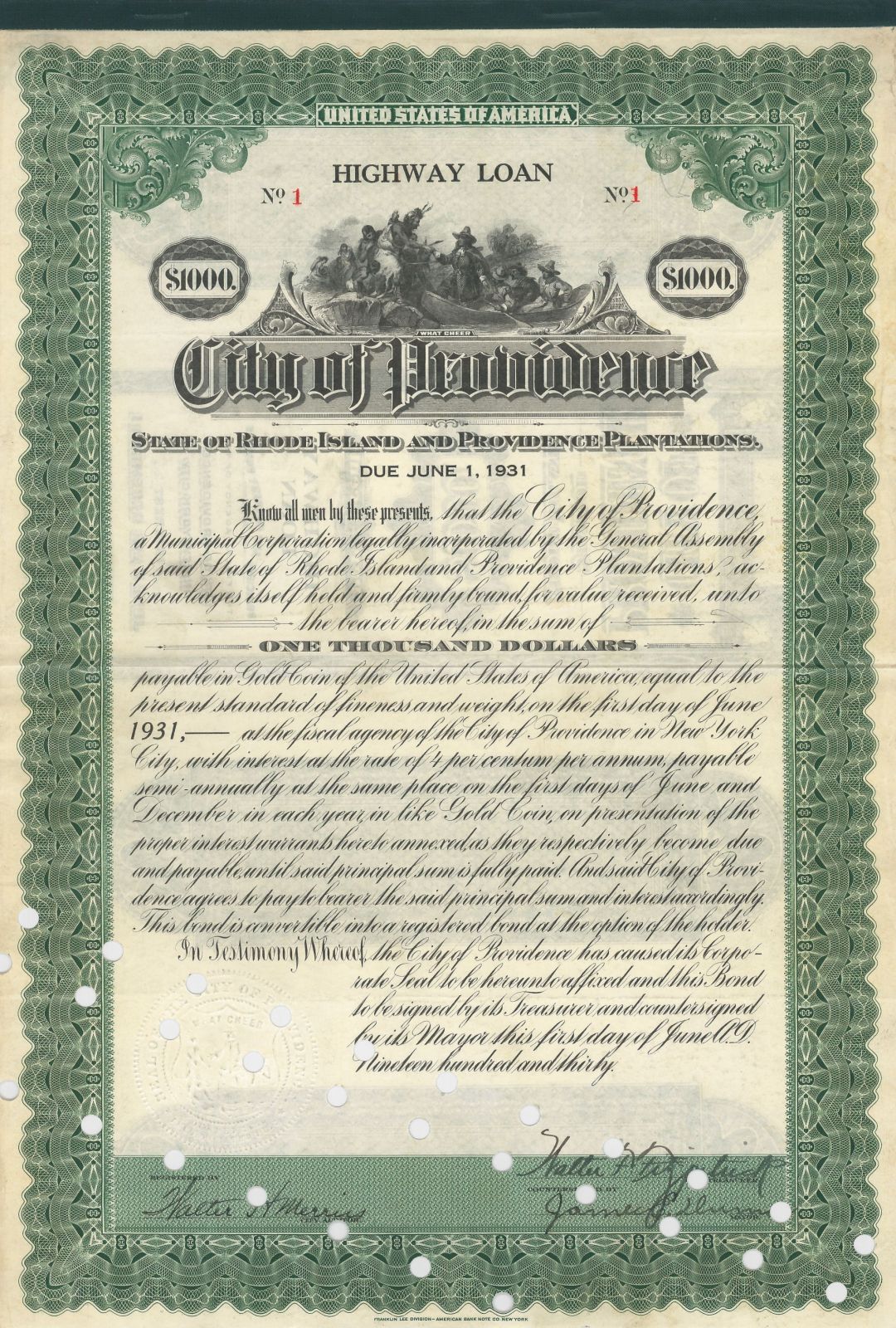 City of Providence - Certificate Serial No.1 - Bond