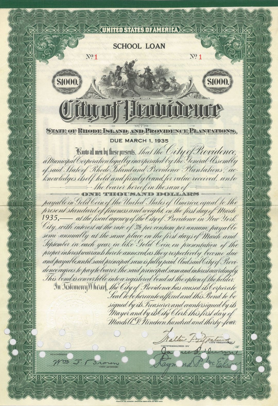 City of Providence - Certificate Serial No.1 - Bond