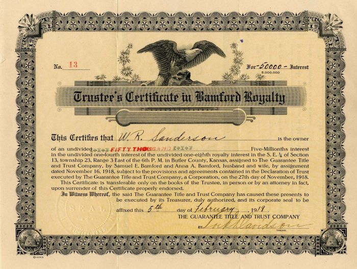 Trustee's Certificate in Bamford Royalty - Bond