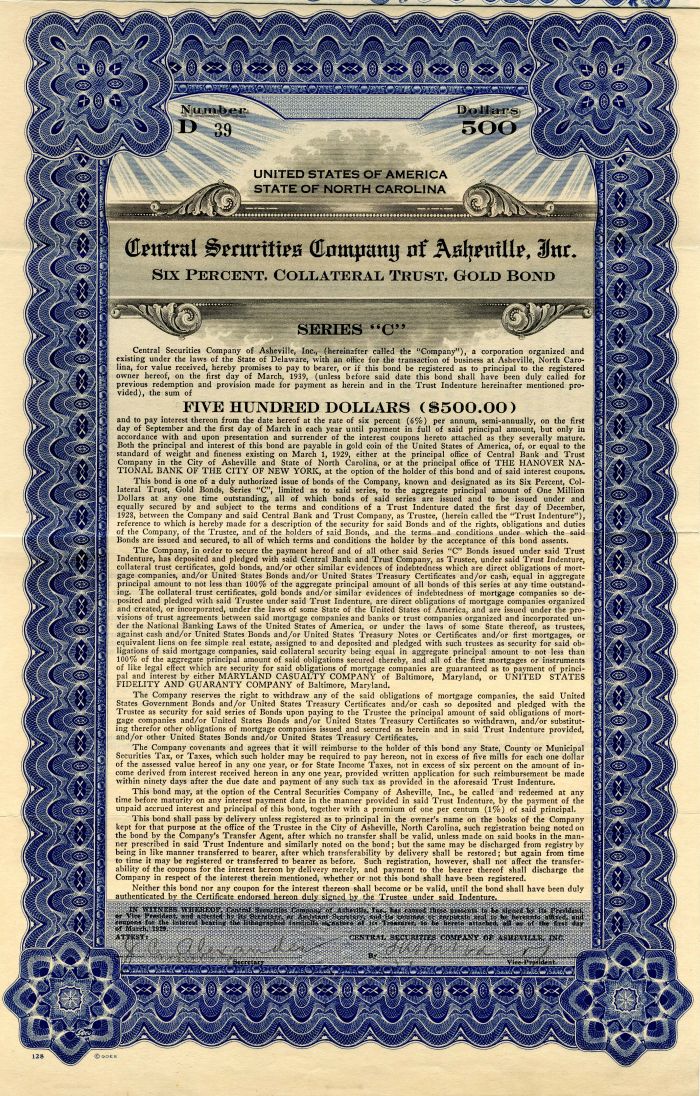 Central Securities Company of Asheville, Inc. - $500 Bond