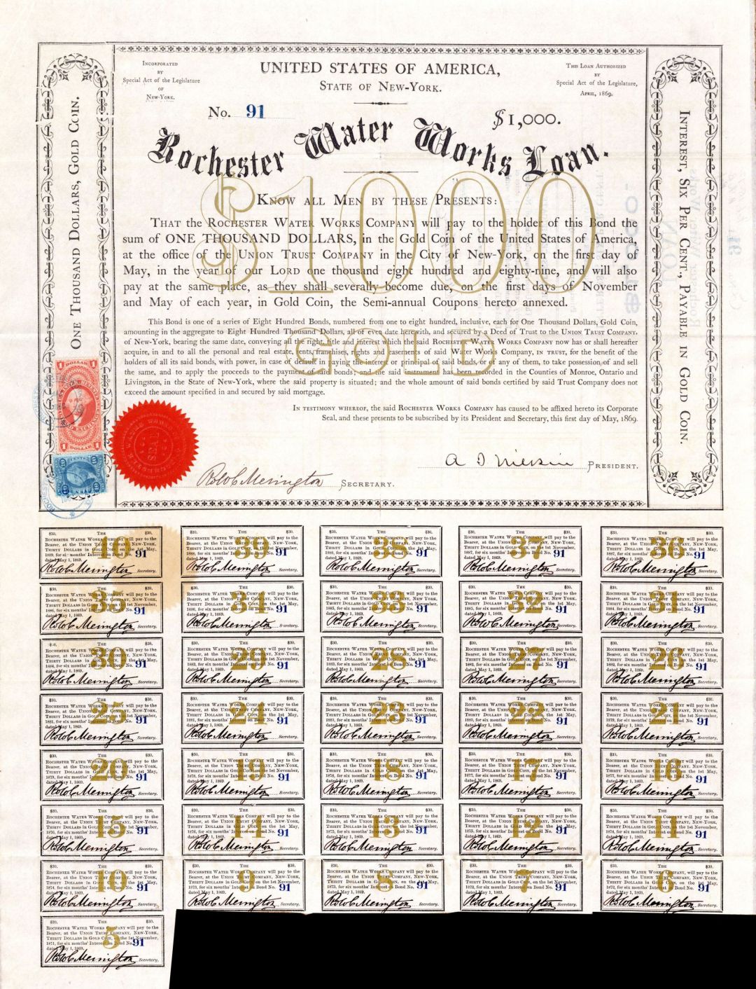 Rochester Water Works Loan dated 1869 - $1,000 Bond